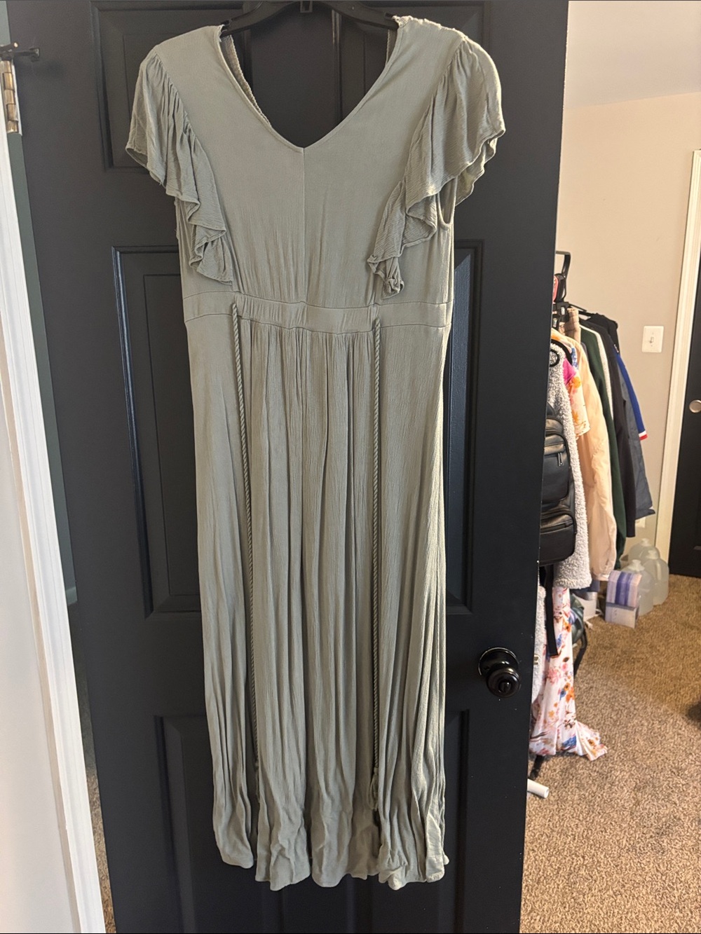 Baltic Born - Women's Sage Green V-Neck Ruffle Sleeve Dress - Picture 4 of 4